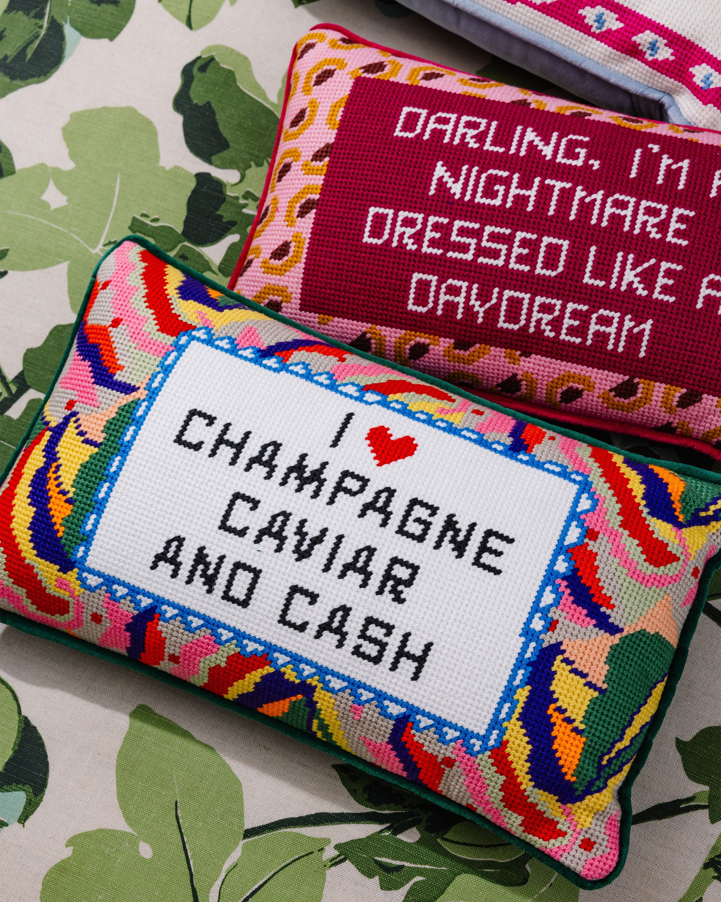 Caviar and Cash Needlepoint Pillow