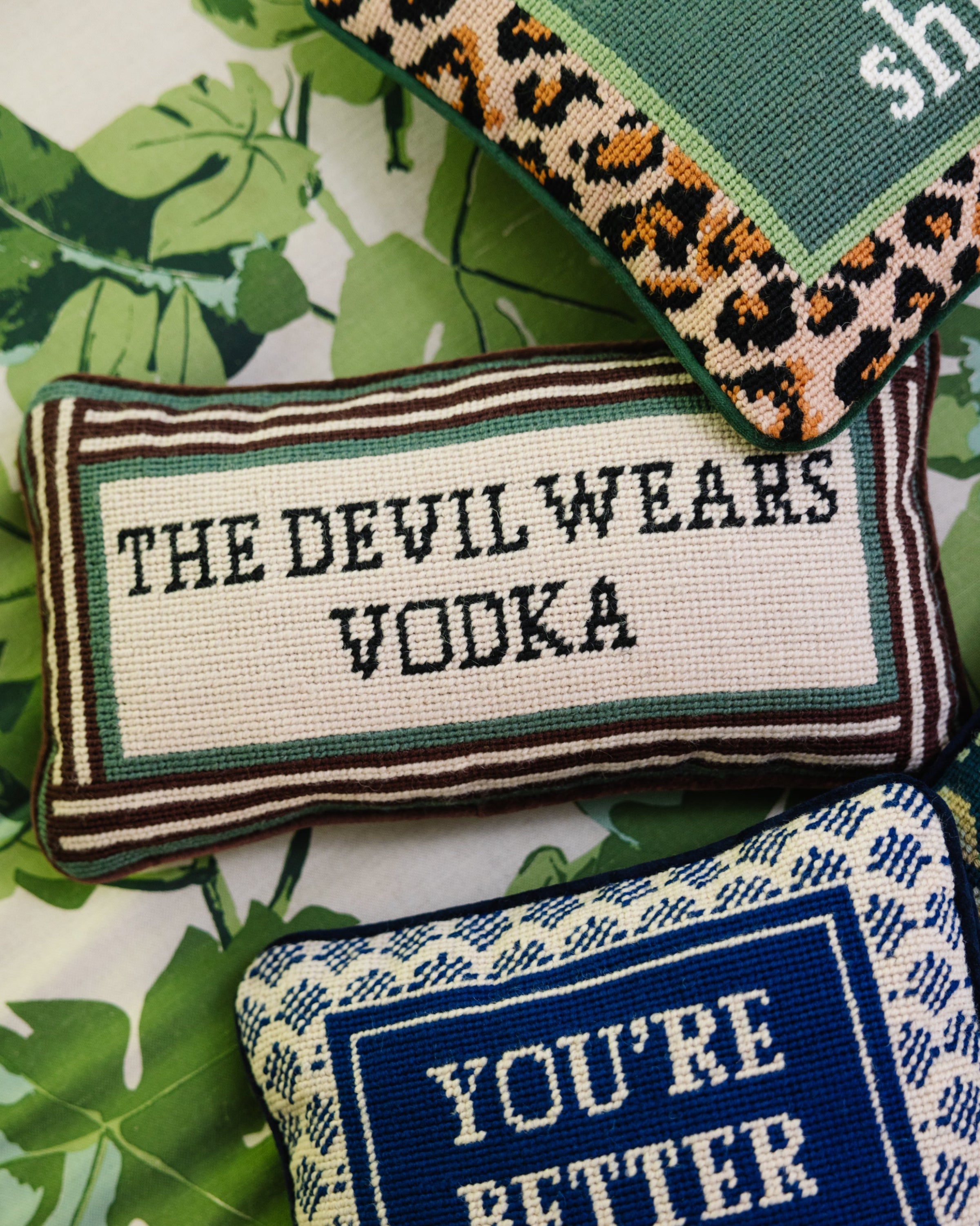 Devil Wears Vodka Needlepoint Pillow