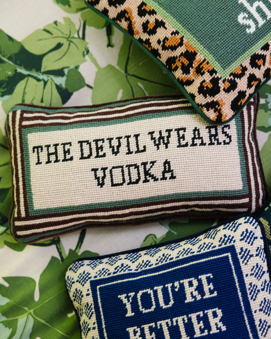 Devil Wears Vodka Needlepoint Pillow