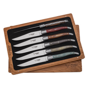 Laguiole en Aubrac Handcrafted 6-Piece Steak Knife Set with Mixed Pakawood Handles, Stainless Steel Matte Bolsters