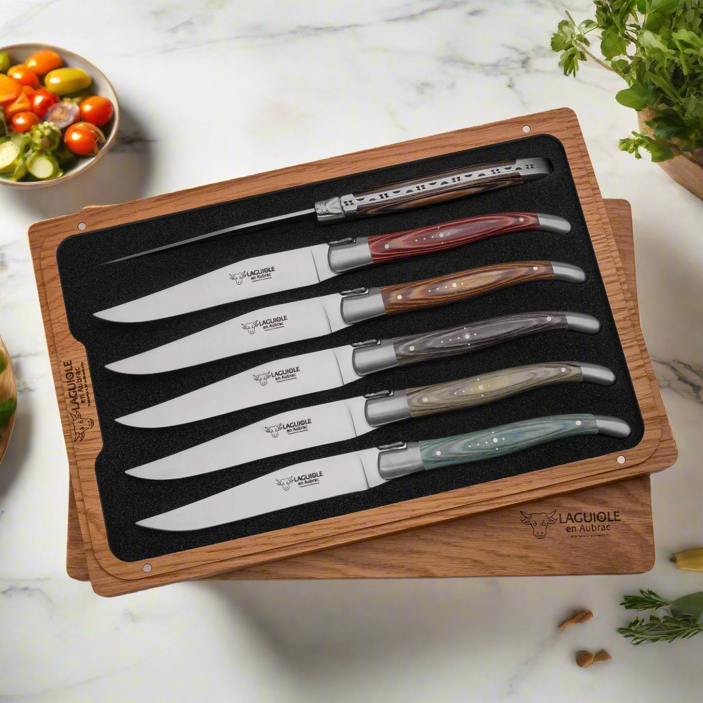 Laguiole en Aubrac Handcrafted 6-Piece Steak Knife Set with Mixed Pakawood Handles, Stainless Steel Matte Bolsters