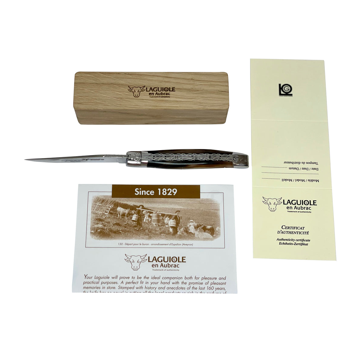 Laguiole en Aubrac Double Plated Folding Knife with Shiny Bolsters, Solid Horn Handle, 4.75"