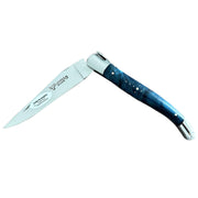 Laguiole en Aubrac Handcarved Plates Multipurpose Knife with Stabilized Blue Poplar Burl With Veins Handle, 4.75-Inches