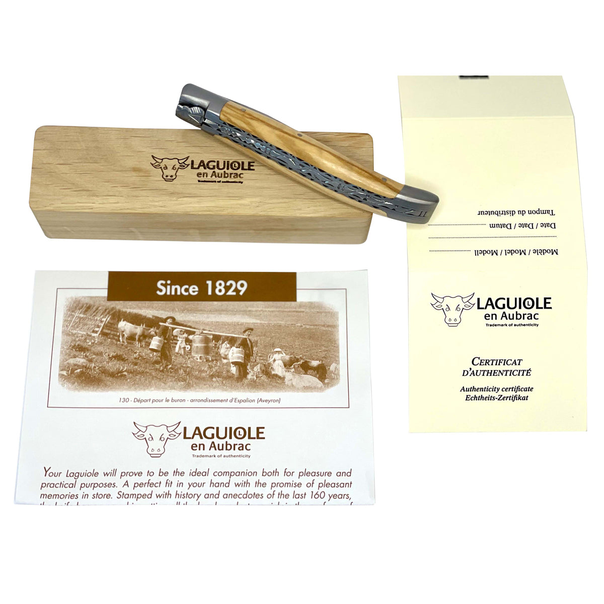 Laguiole en Aubrac Double Plated Folding Knife with Olivewood Handle, 4.75"