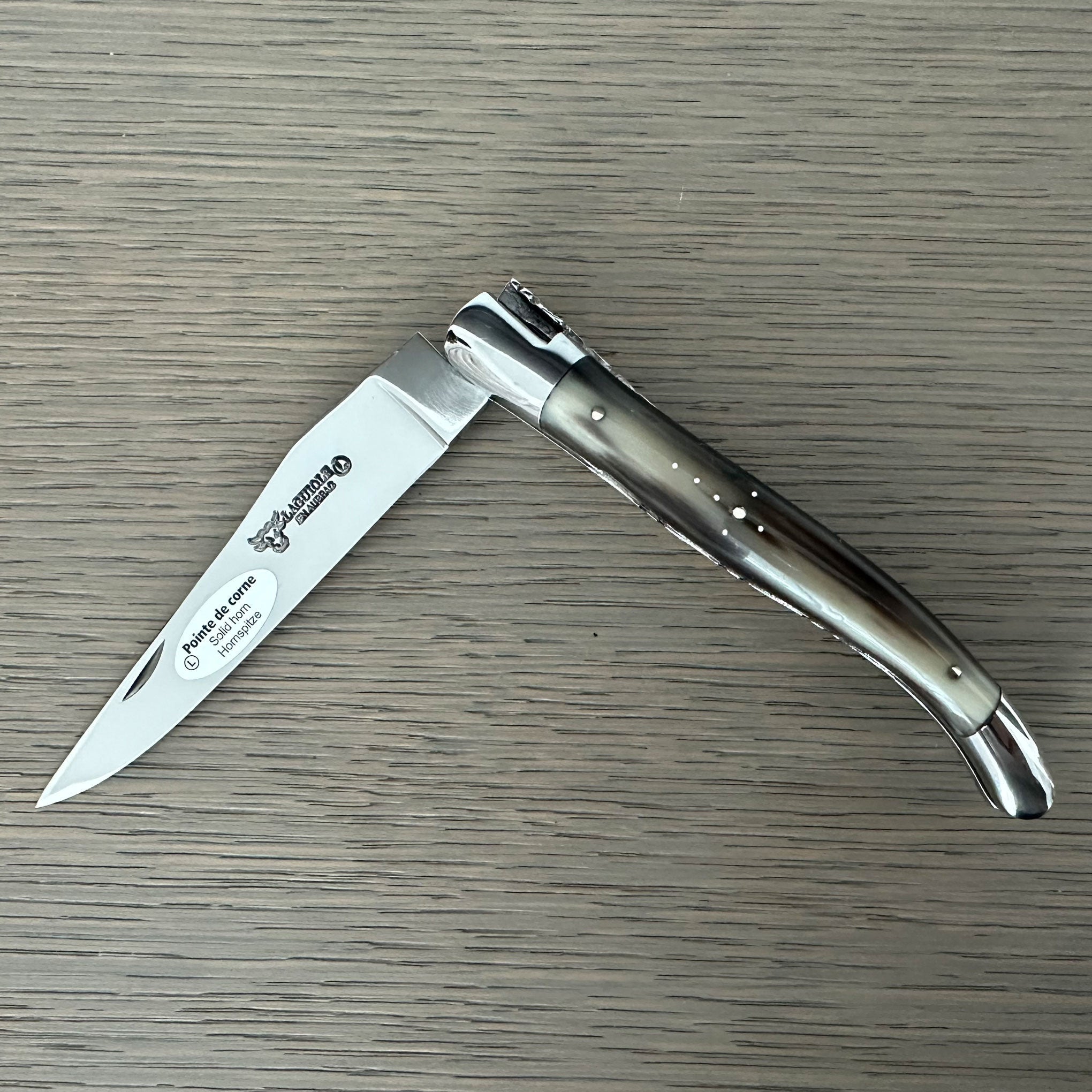 Laguiole en Aubrac Double Plated Folding Knife with Shiny Bolsters, Solid Horn Handle, 4.75"