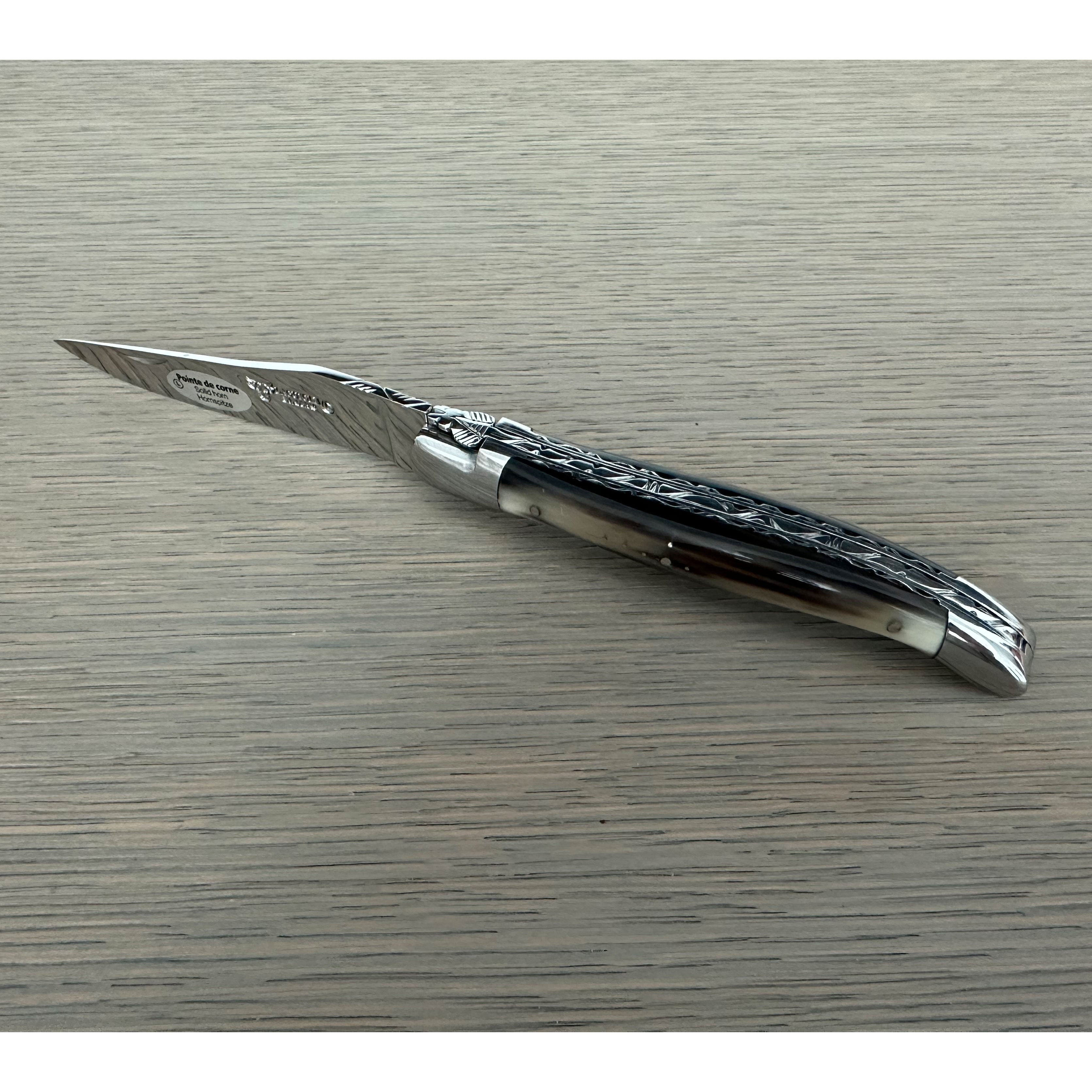 Laguiole en Aubrac Double Plated Folding Knife with Shiny Bolsters, Solid Horn Handle, 4.75"