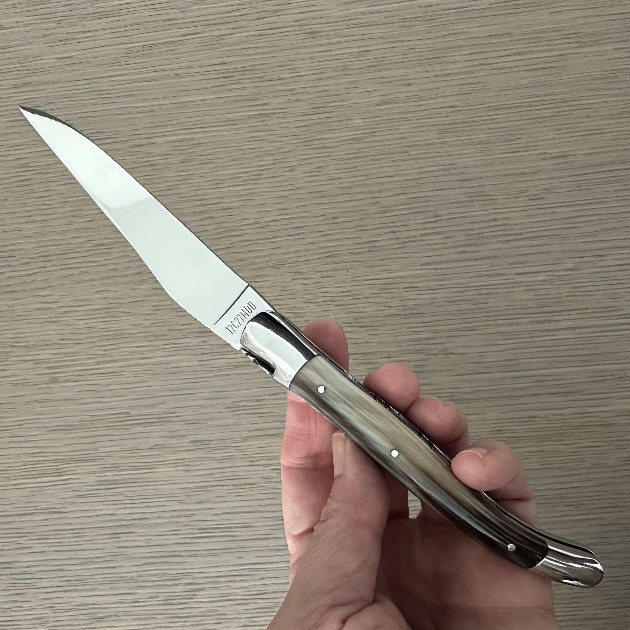 Laguiole en Aubrac Double Plated Folding Knife with Shiny Bolsters, Solid Horn Handle, 4.75"