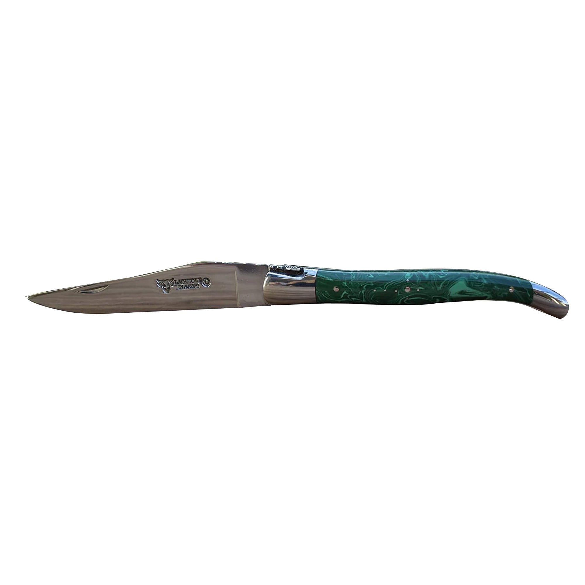 Laguiole en Aubrac Handcrafted Luxury Double Plates Folding Pocket Knife With Malachite Handle, 4.75-Inches