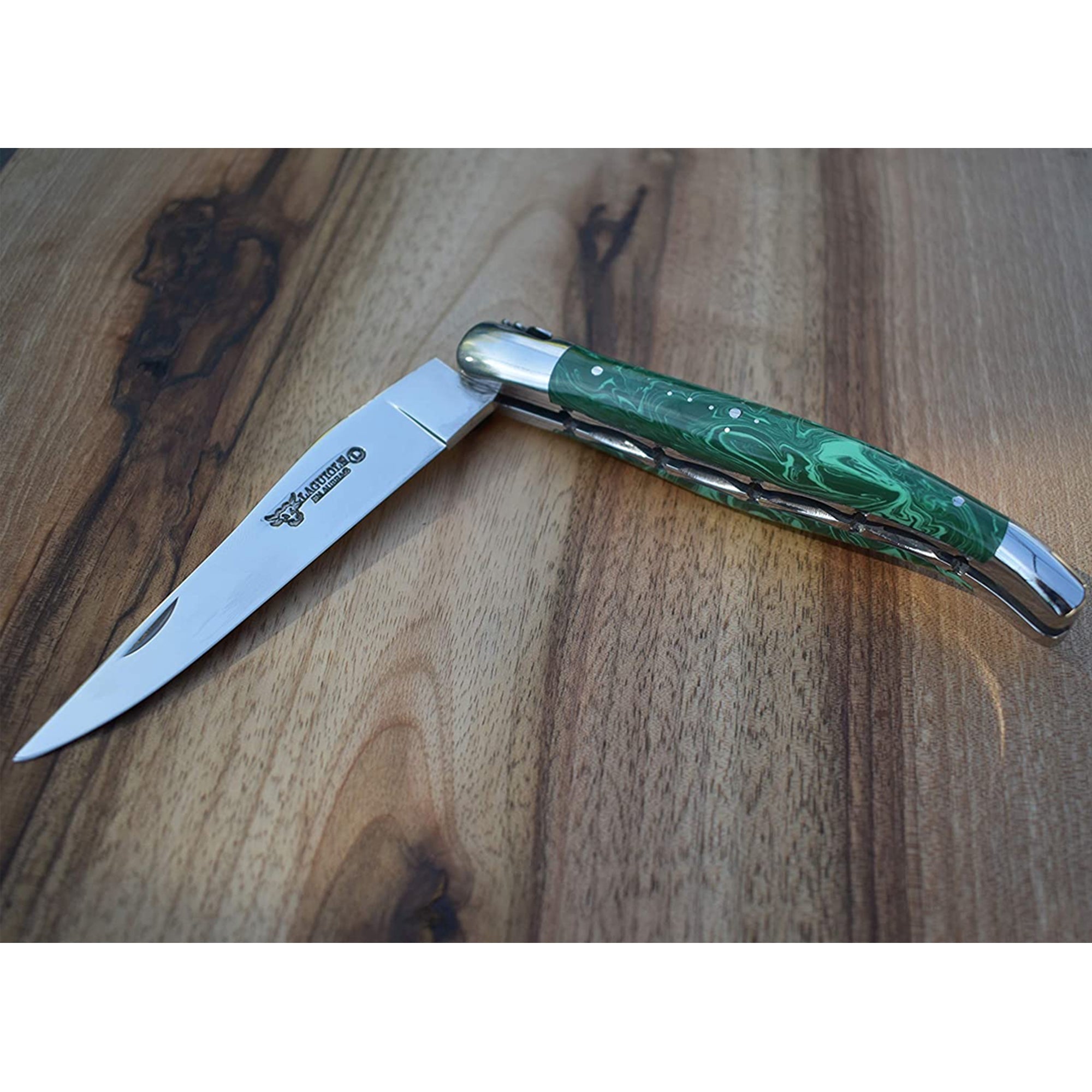 Laguiole en Aubrac Handcrafted Luxury Double Plates Folding Pocket Knife With Malachite Handle, 4.75-Inches
