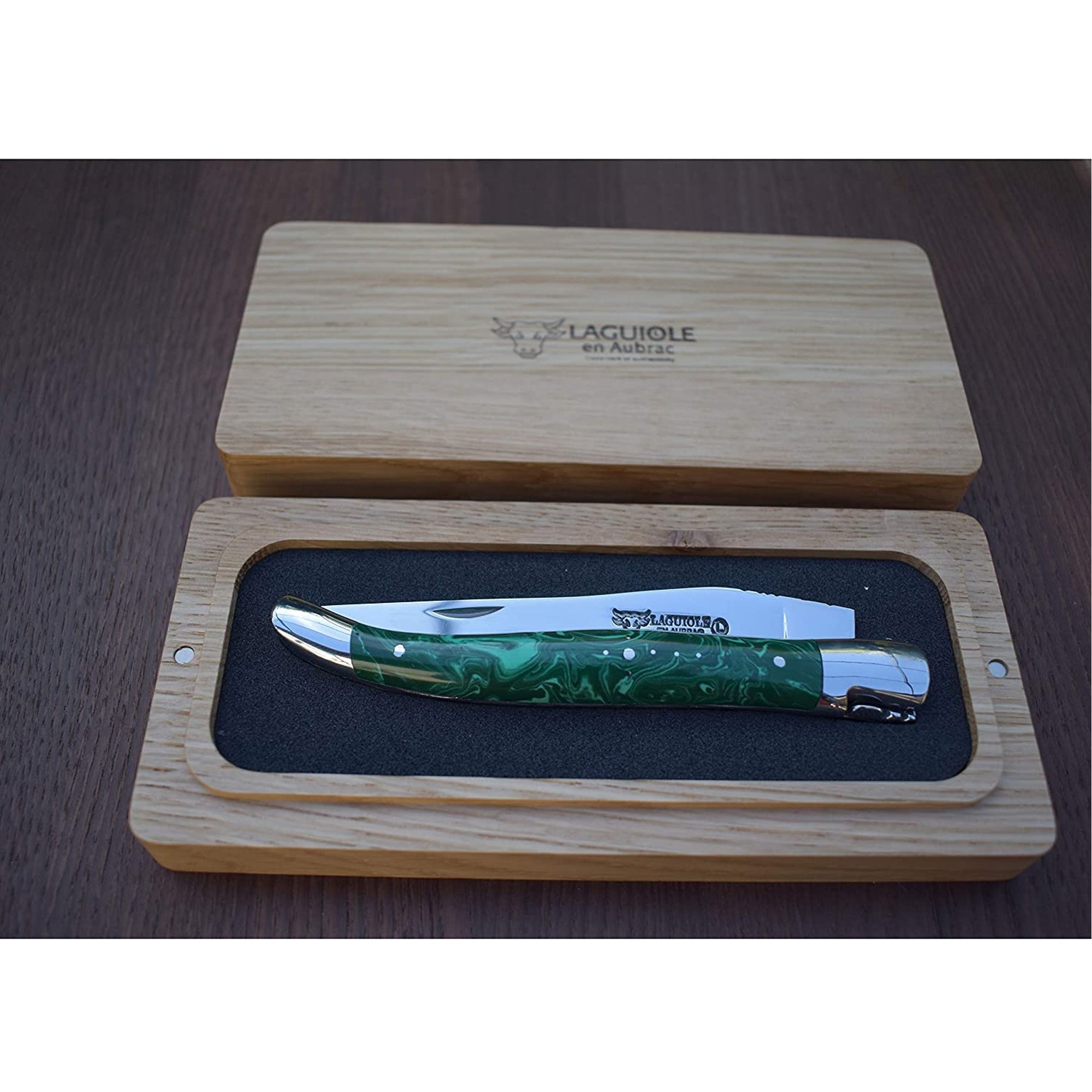 Laguiole en Aubrac Handcrafted Luxury Double Plates Folding Pocket Knife With Malachite Handle, 4.75-Inches