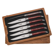 Laguiole en Aubrac Handcrafted 6-Piece Steak Knife Set with Red Pakawood Handles, Stainless Steel Matte Bolsters