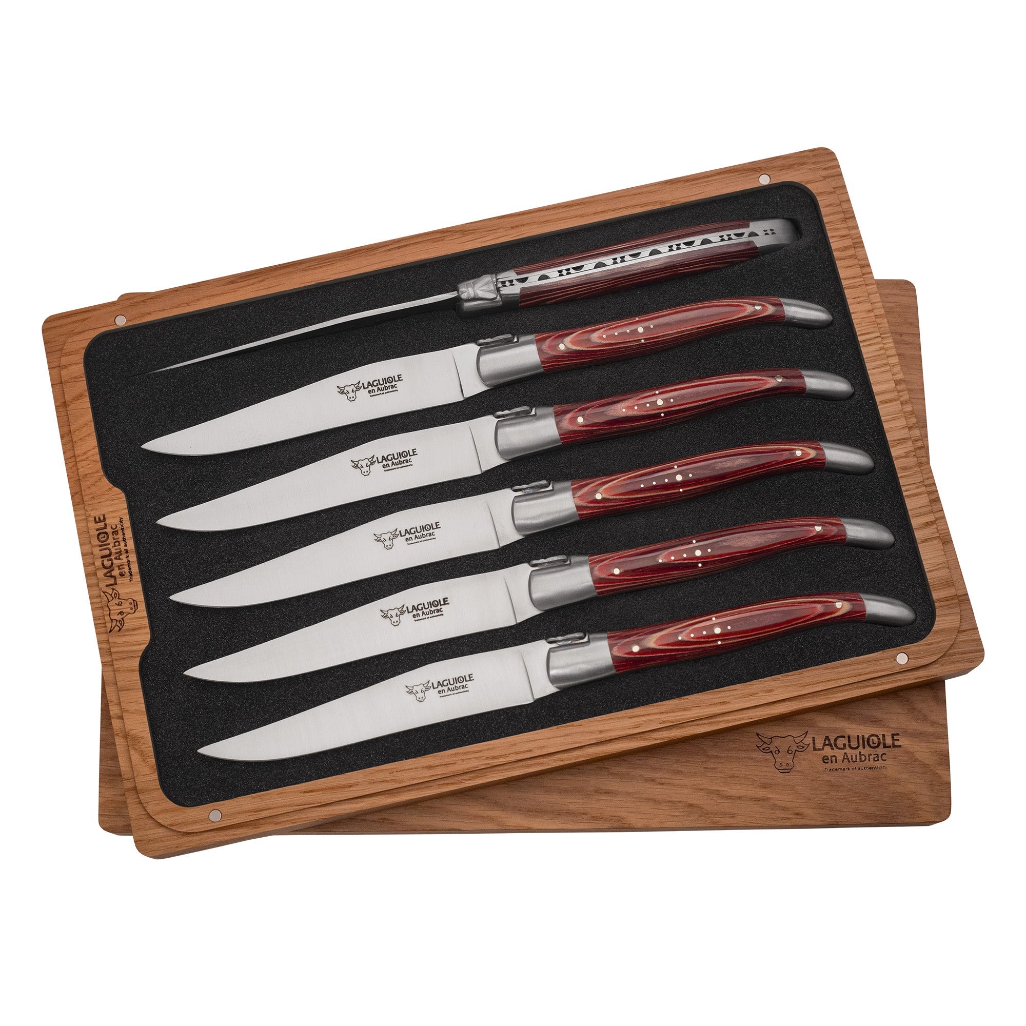 Laguiole en Aubrac Handcrafted 6-Piece Steak Knife Set with Red Pakawood Handles, Stainless Steel Matte Bolsters