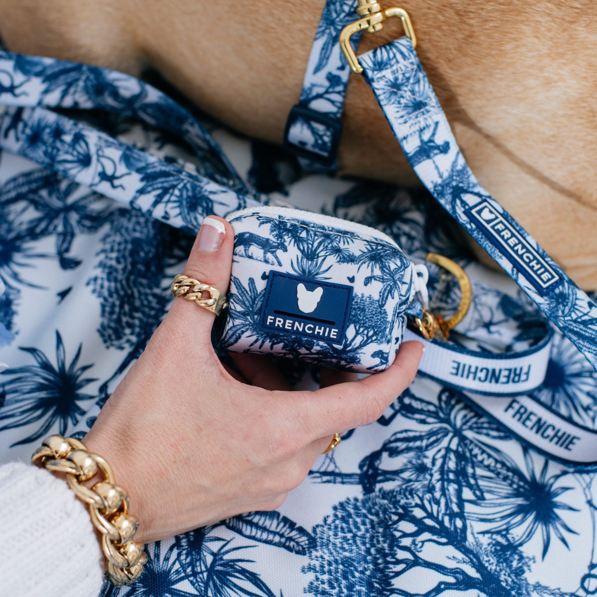 Frenchie Poo Bag Holder - Toile- Blue
