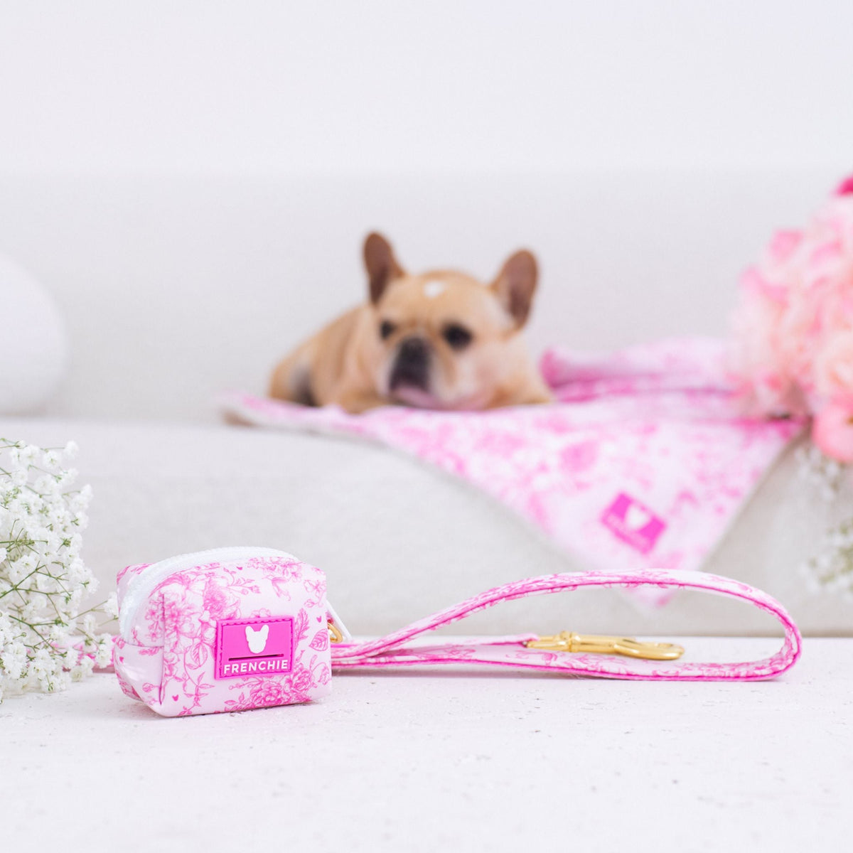 Frenchie Poo Bag Holder - Toile- Pink