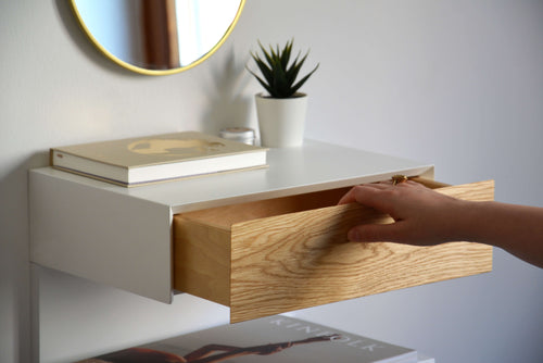 Minimalist Floating Nightstand With Oak Drawer And An  Extra Shelf