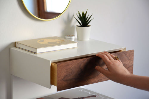 Minimalist Floating Nightstand with Walnut Drawer and an Extra Shelf