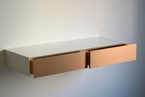 White Floating Dressing Table With Copper Drawers