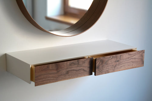 White Floating Dressing Table With Walnut Drawers