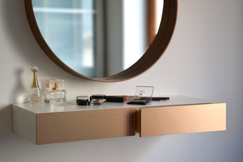 White Floating Dressing Table With Copper Drawers