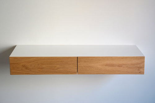 White Floating Dressing Table With Oak Drawers