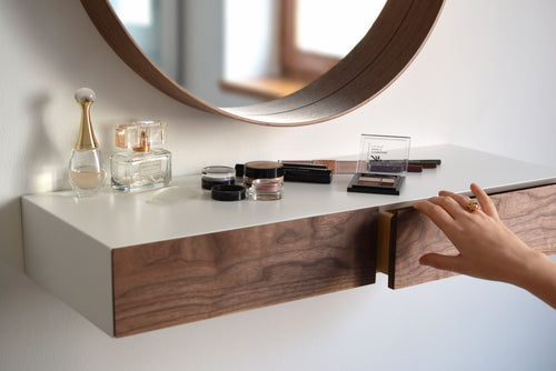 White Floating Dressing Table With Walnut Drawers