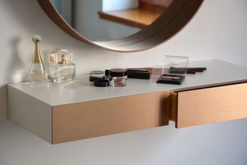 White Floating Dressing Table With Copper Drawers