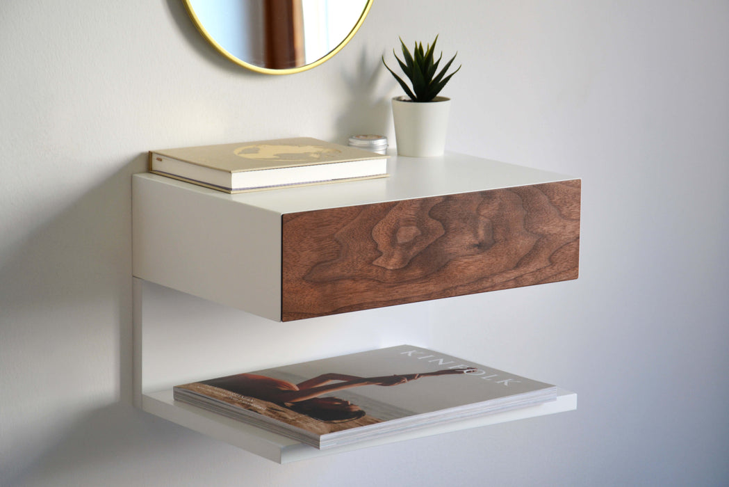 Minimalist Floating Nightstand with Walnut Drawer and an Extra Shelf