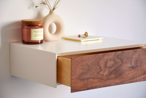 Minimalist Floating Nightstand With Walnut Drawer