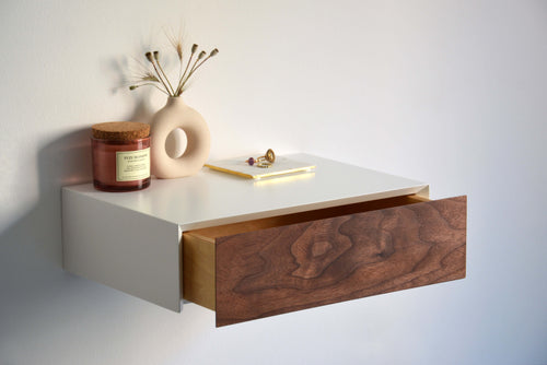 Minimalist Floating Nightstand With Walnut Drawer