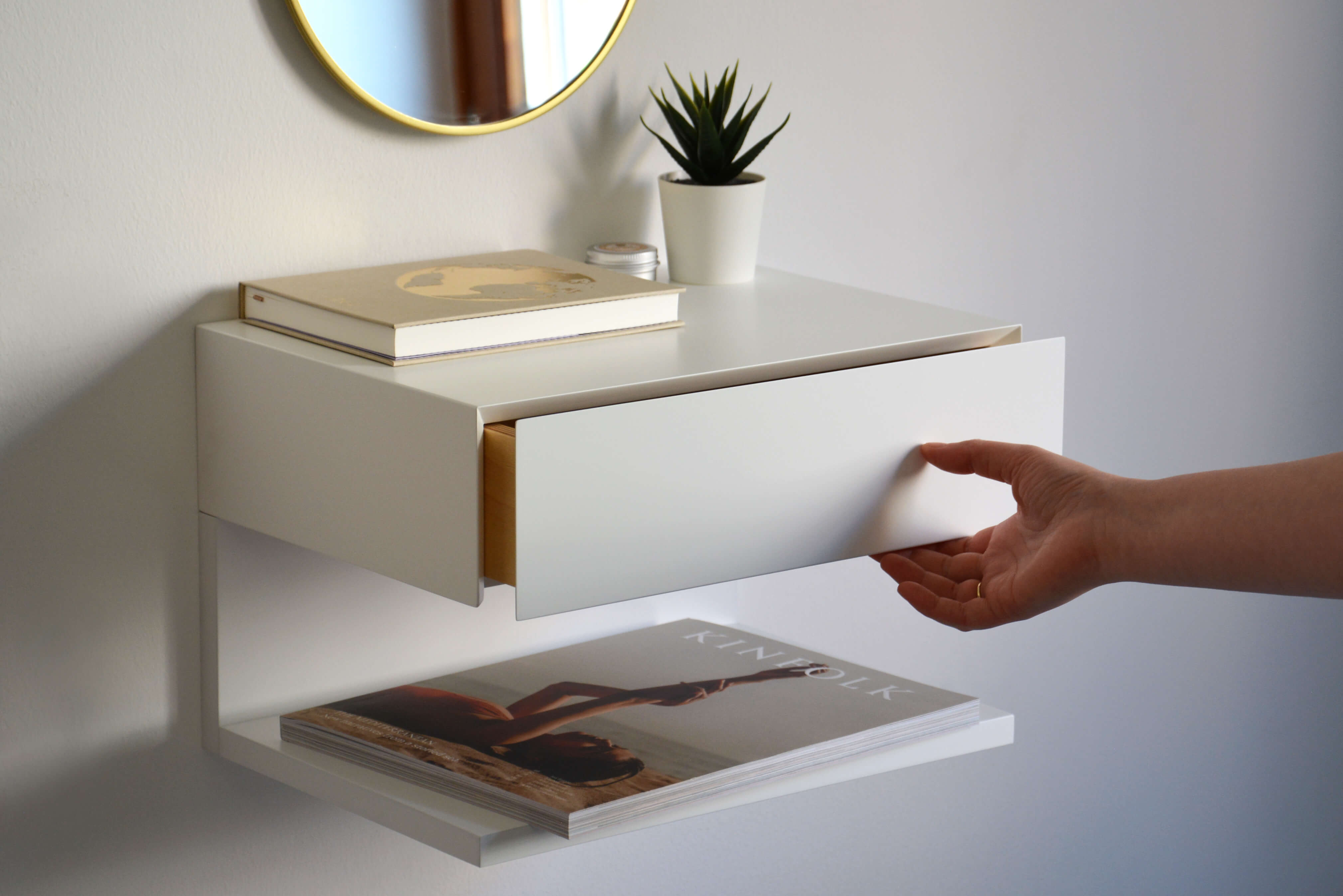 Minimalist White Floating Nightstand With An Extra Shelf