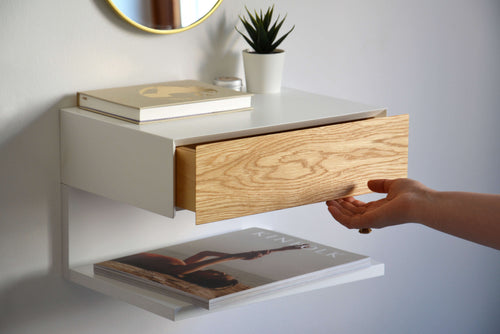 Minimalist Floating Nightstand With Oak Drawer And An  Extra Shelf