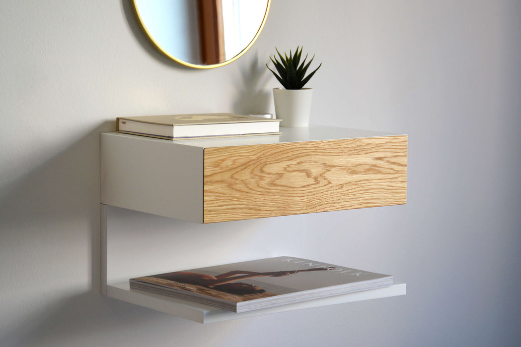 Minimalist Floating Nightstand With Oak Drawer And An  Extra Shelf