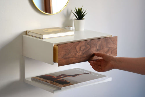 Minimalist Floating Nightstand with Walnut Drawer and an Extra Shelf