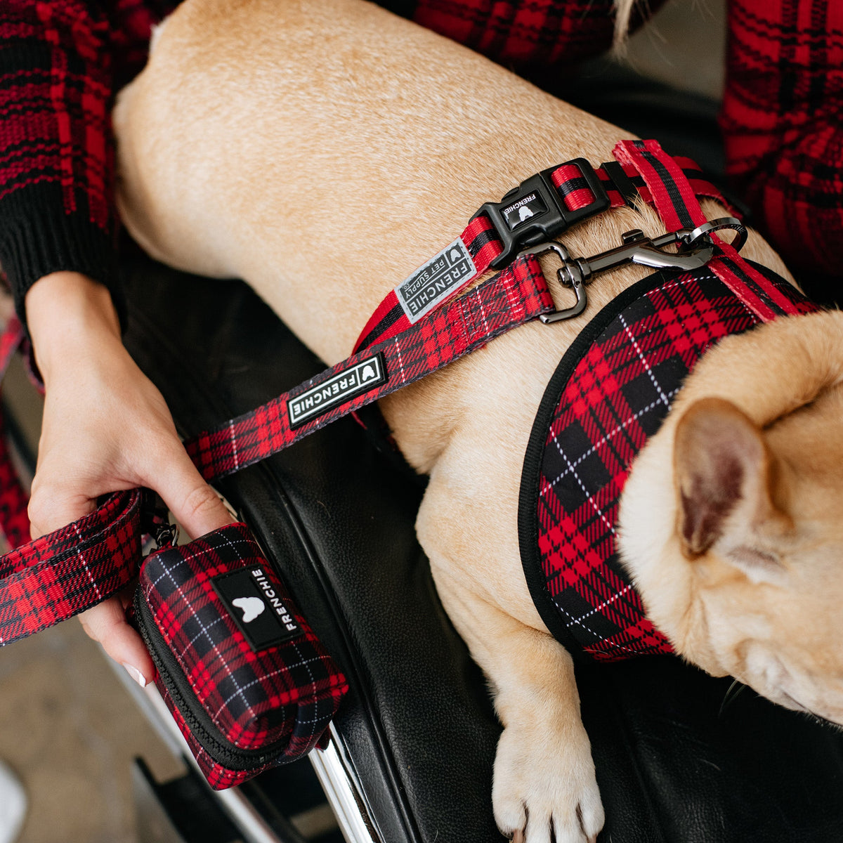 Frenchie Poo Bag Holder - Red Tartan