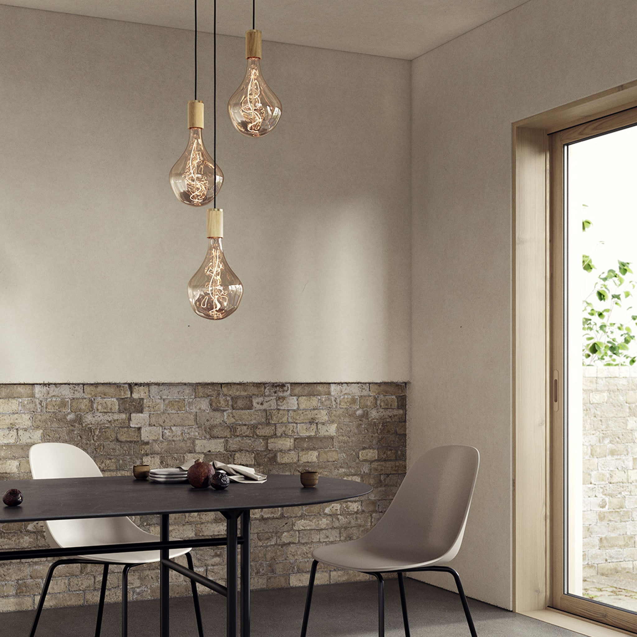 Triple Pendant in Oak + Voronoi II - White Canopy