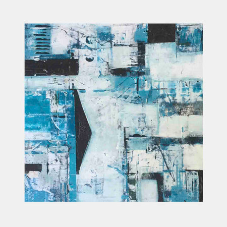 An original blue and teal abstract oil painting by, an artist who has exhibited in New York, titled Teal Apartment