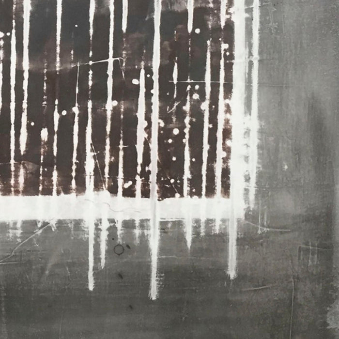 An original grey and black abstract oil painting by, an artist who has exhibited in New York, titled Snowy Window